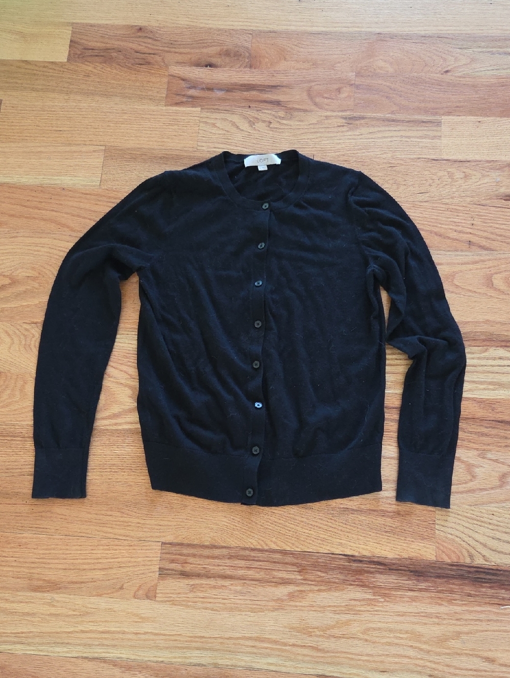 LOFT Black Button-Front Crewneck Cardigan